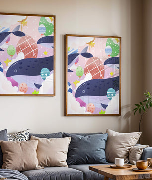 Whimsical illustration of whales and floating stars with colorful eggs