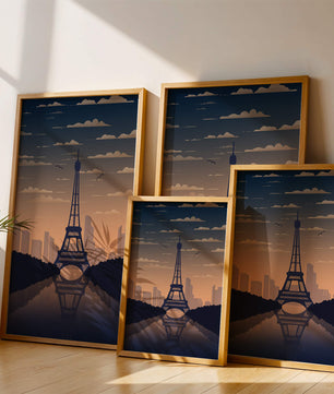 Vista escénica de la Torre Eiffel al anochecer con reflejo del horizonte urbano