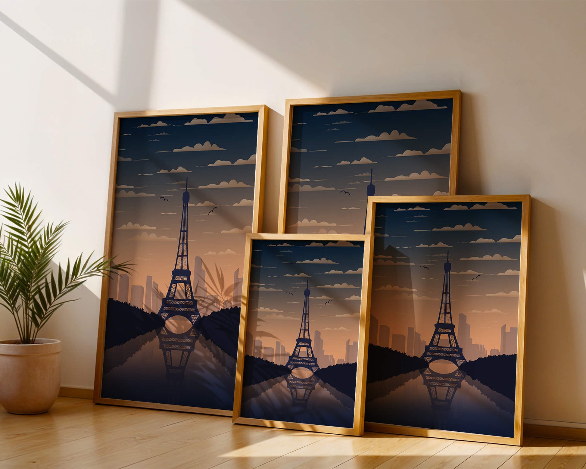 Scenic view of the Eiffel Tower at dusk with city skyline reflection