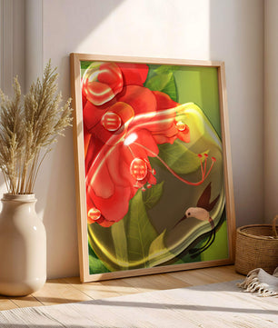 Vibrant floral illustration with hummingbird and lush greenery