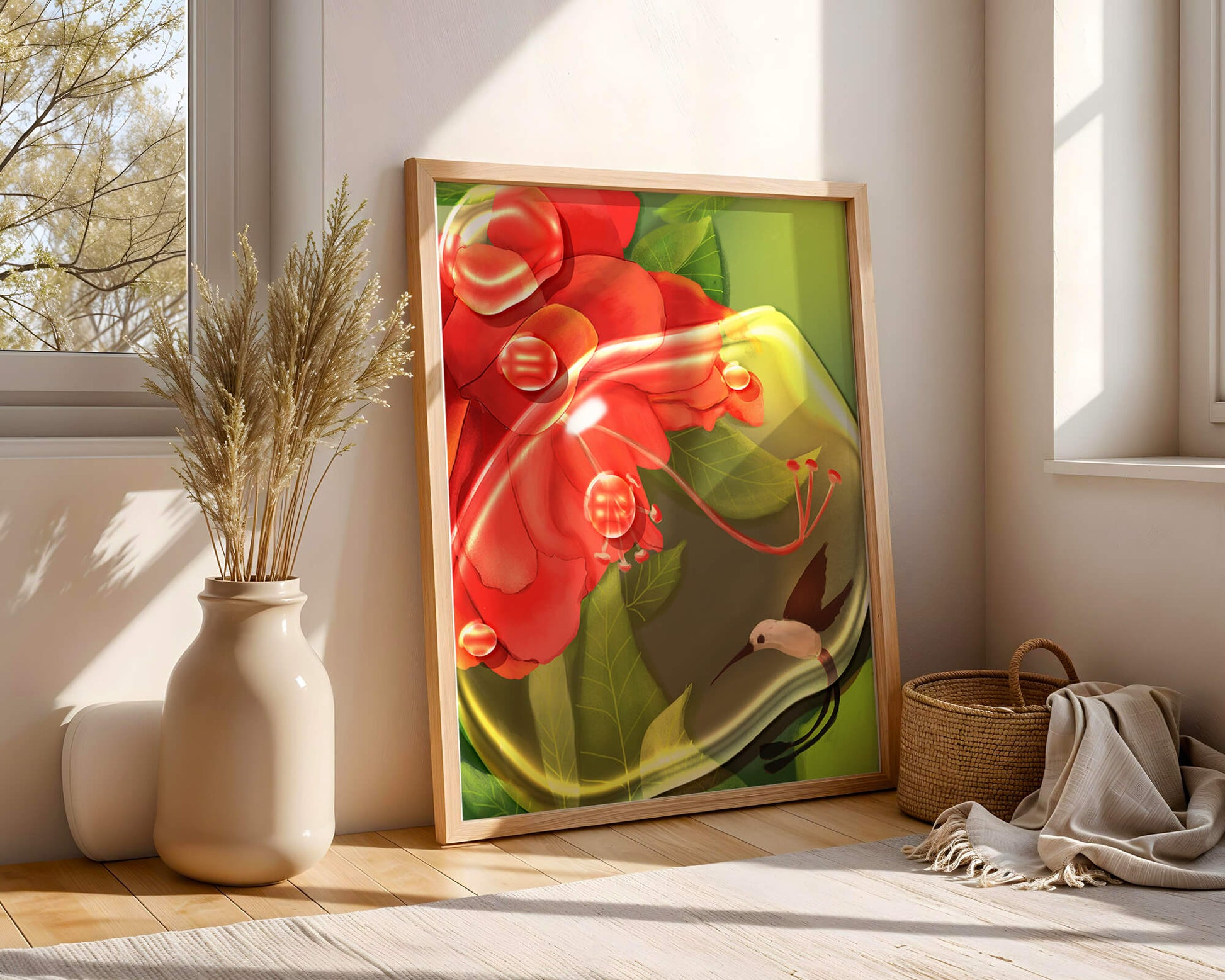 Vibrant floral illustration with hummingbird and lush greenery