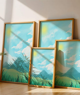 Sunny Day Overlooking a Mountain Landscape with Rolling Hills and Blue Sky