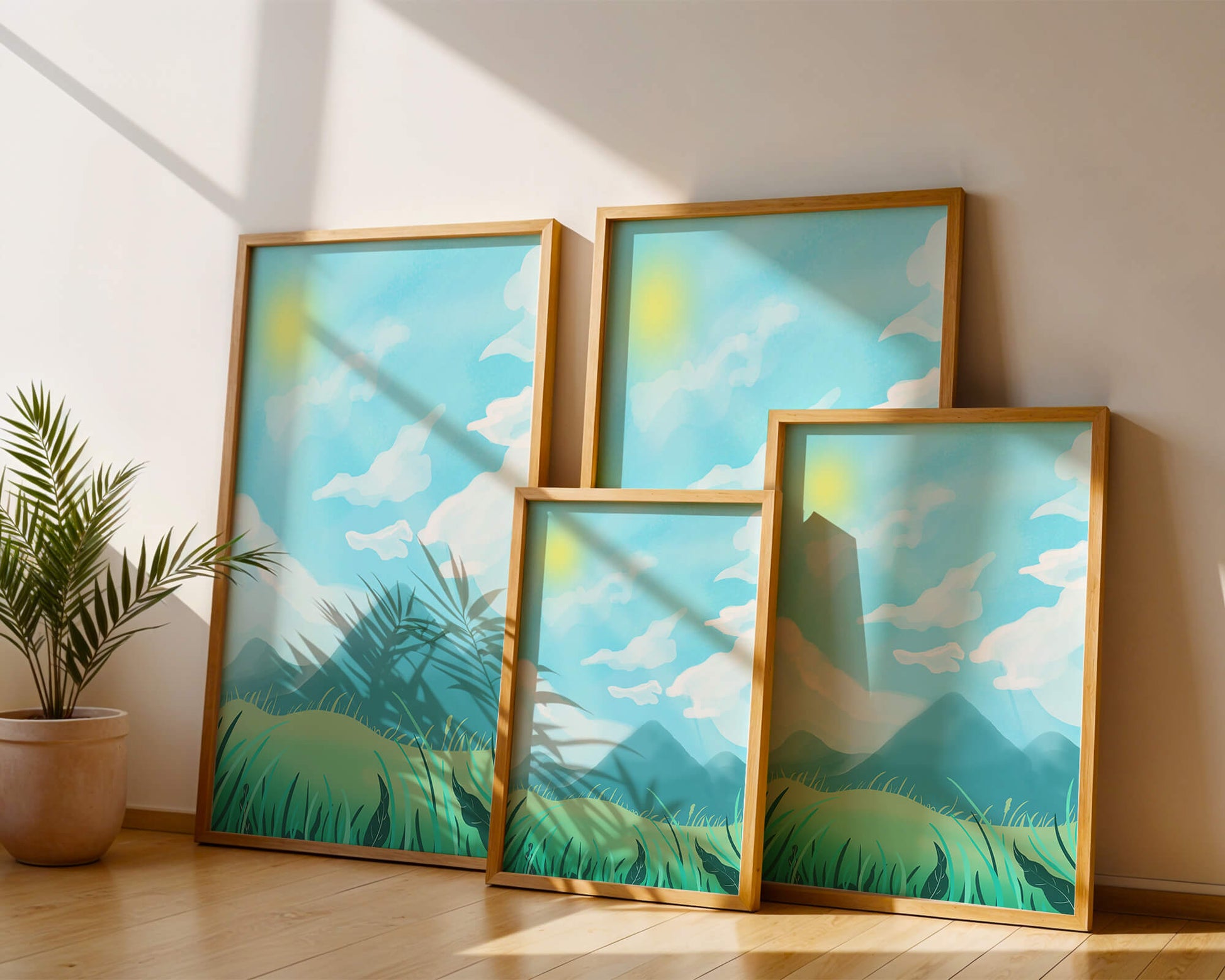 Sunny Day Overlooking a Mountain Landscape with Rolling Hills and Blue Sky