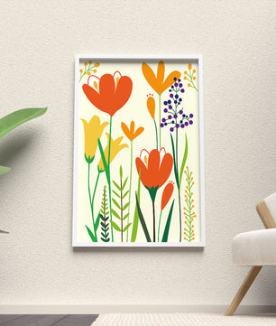 Bright Floral Illustration with Orange, Yellow, and Purple Flowers in Bold Colors