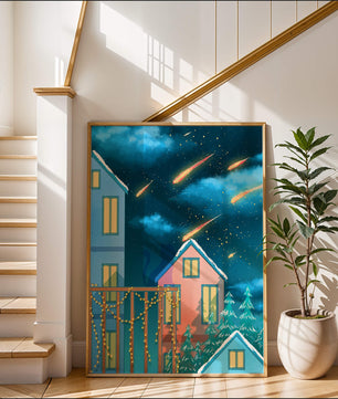 Winter Night Scene with Falling Meteors and Snow-Covered Houses