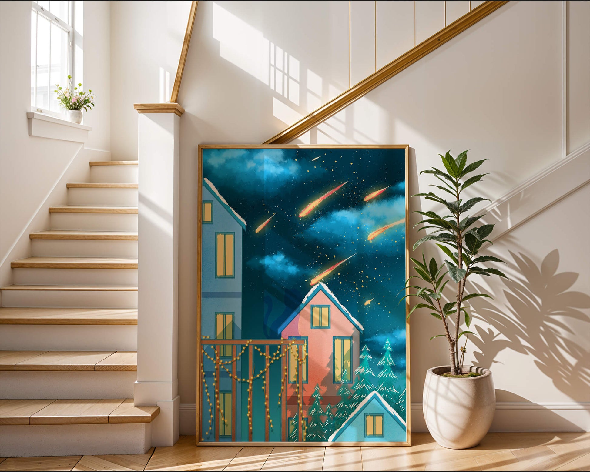 Winter Night Scene with Falling Meteors and Snow-Covered Houses