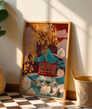 Traditional Chinese Pavilion with Gold Leaves and Clouds