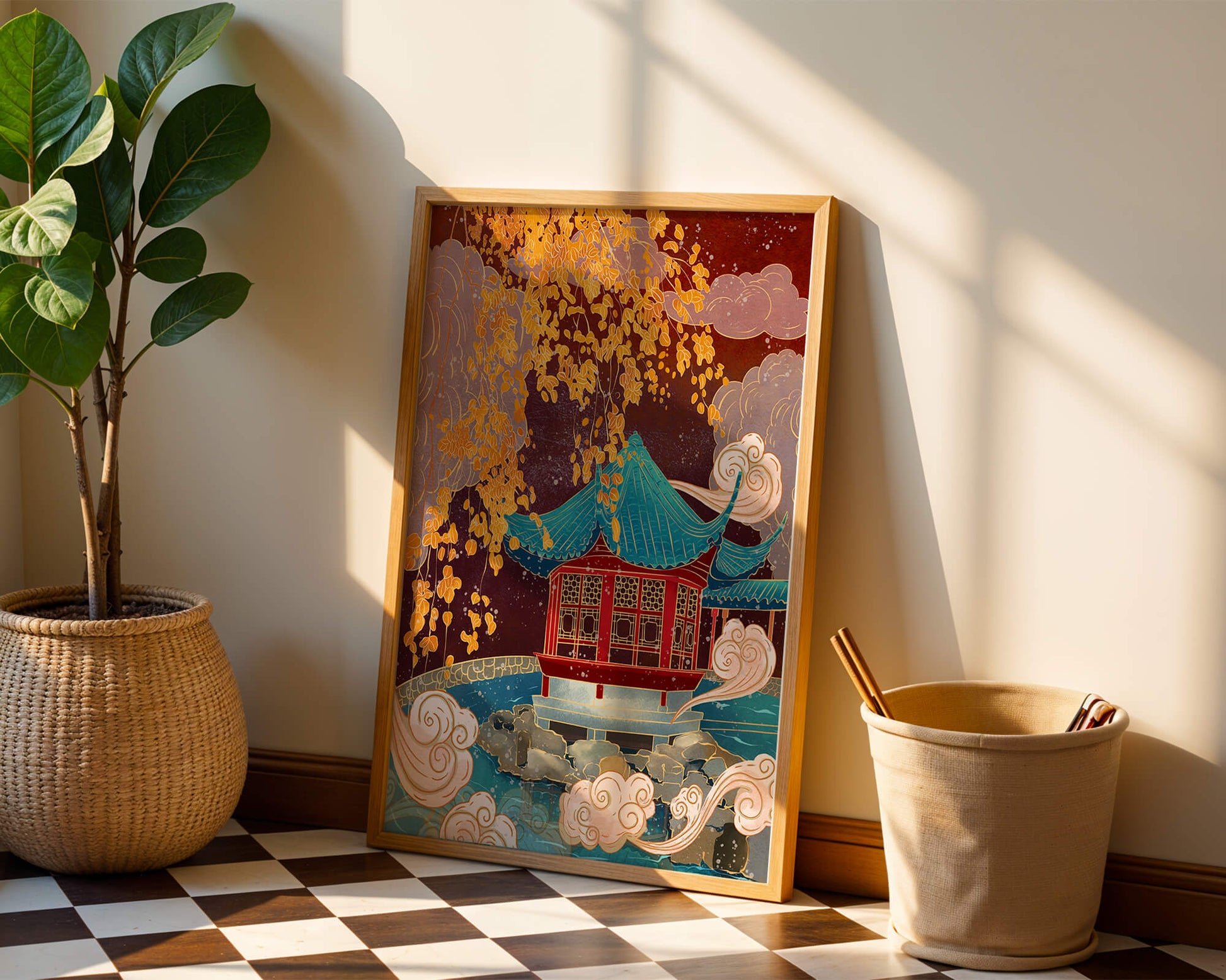 Pabellón chino tradicional con hojas doradas y nubes