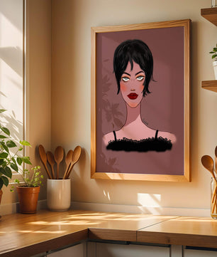 Illustration einer Frau mit kurzen schwarzen Haaren und auffälligem Make-up auf braunem Hintergrund