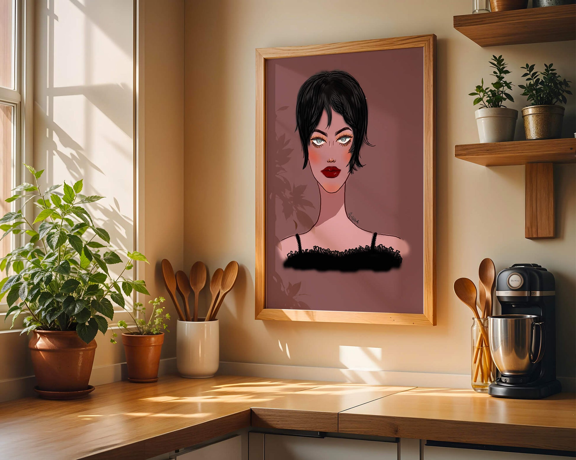 Illustration of a woman with short black hair and striking makeup on a brown background