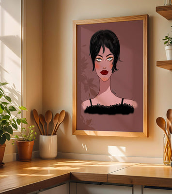 Illustration of a woman with short black hair and striking makeup on a brown background