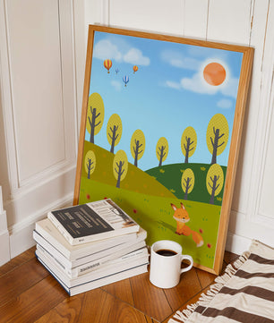 Whimsical landscape with hot air balloons and a fox in autumn scenery