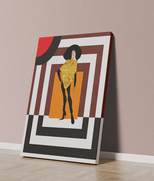 Ilustración de moda con figura en dorado y fondo geométrico