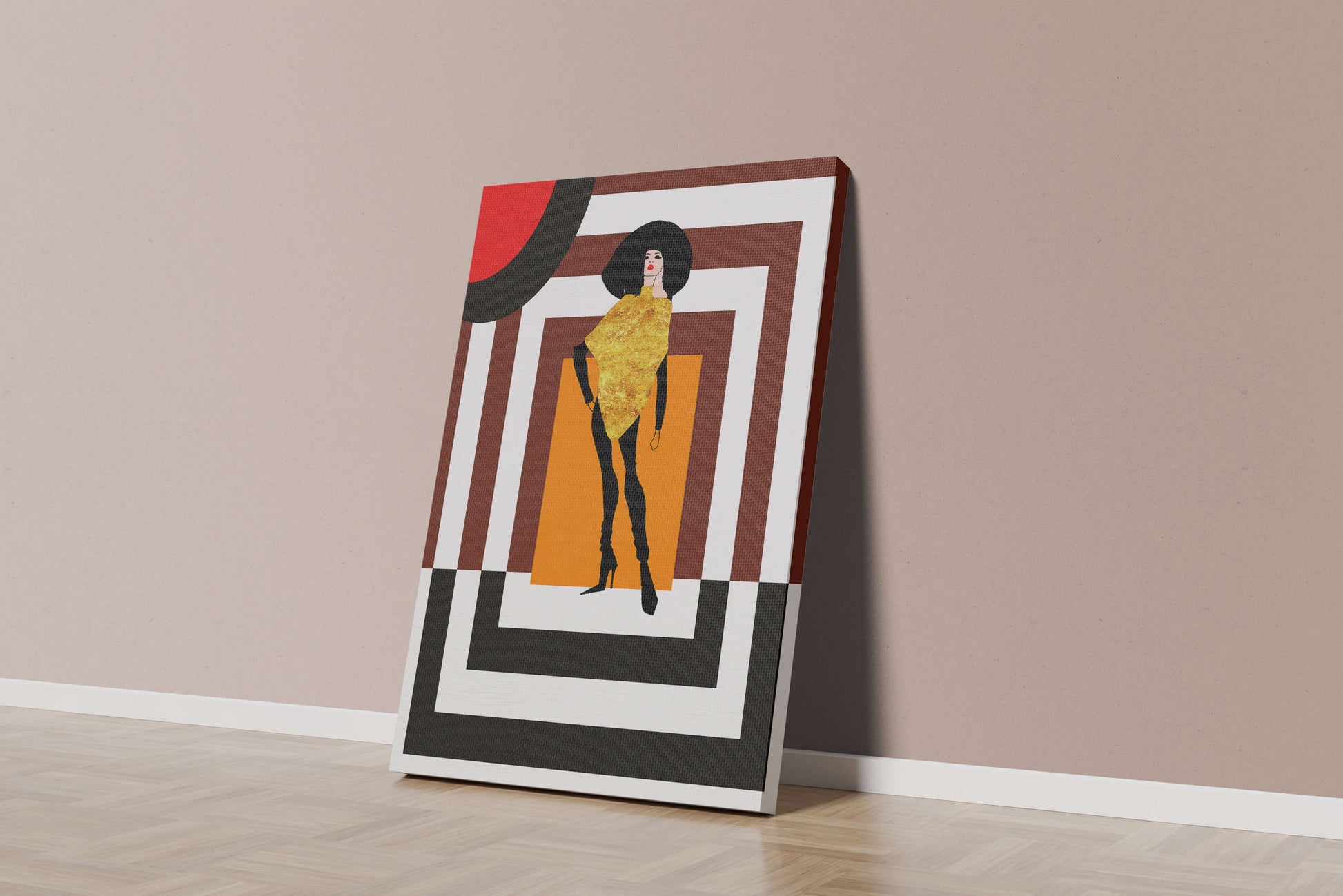 Fashion Illustration with Figure in Gold and Geometric Background
