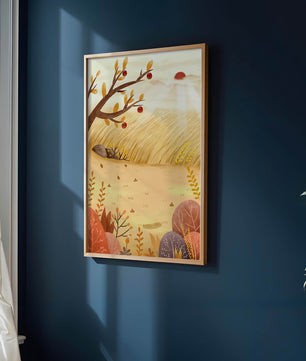 Autumn landscape illustration with apple tree and sunrise in a serene field
