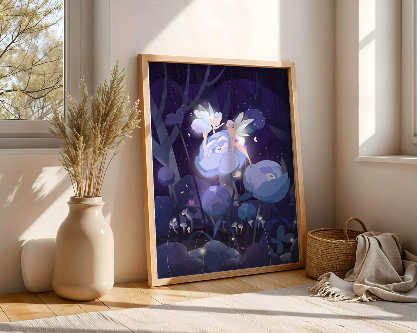 La forêt enchantée avec des fées et des fleurs lumineuses la nuit