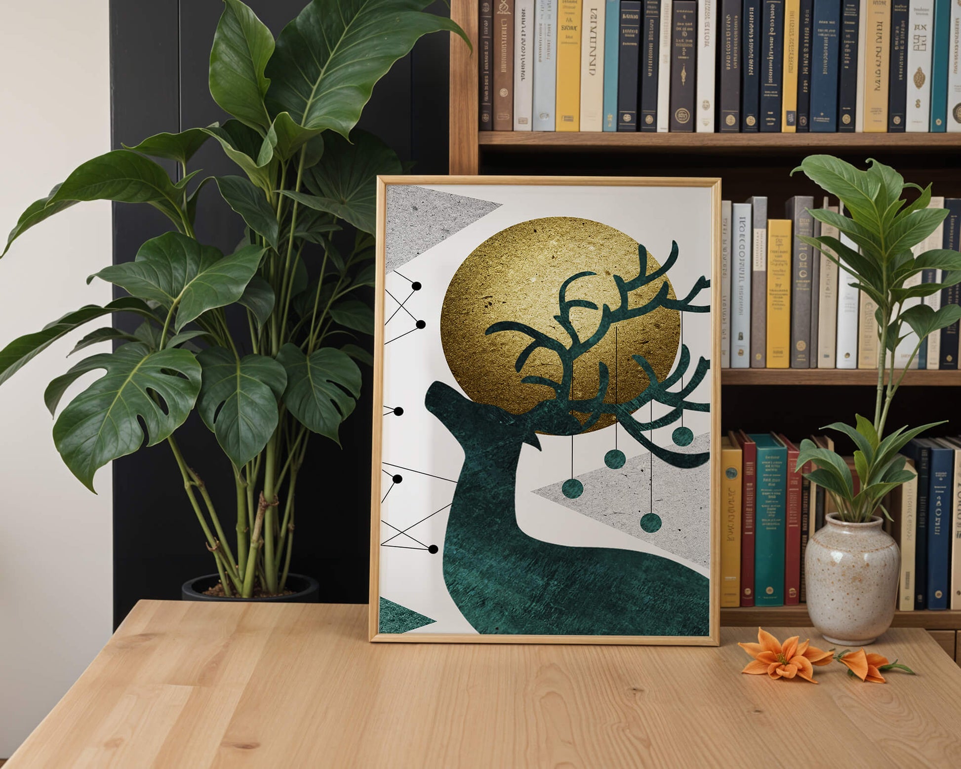 Abstract Geometric Deer with Gold Circle and Modern Design