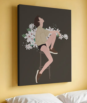 Illustration of a woman sitting on a stool surrounded by flowers