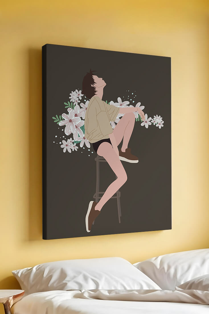 Illustration of a woman sitting on a stool surrounded by flowers