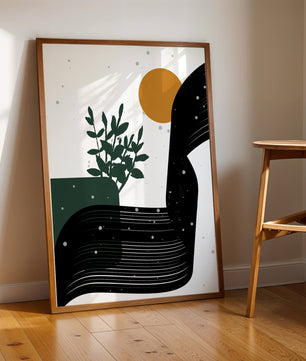 L'œuvre d'art abstraite de la nature avec une silhouette de plante et des formes géométriques