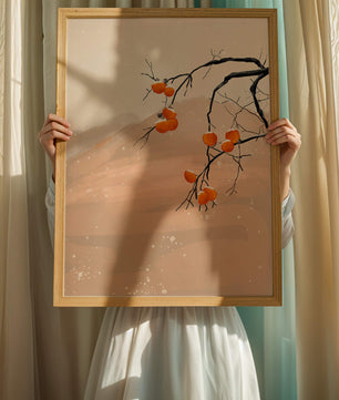 Branch with Persimmons and Snow in Minimalistic Landscape