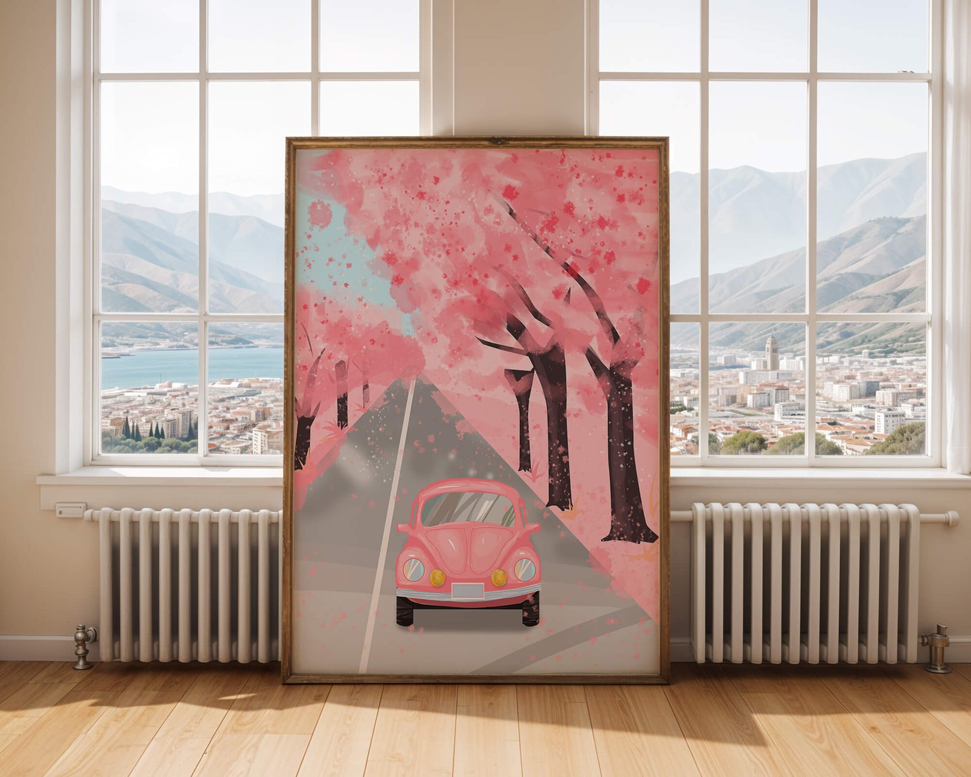 Pink vintage car on a cherry blossom road