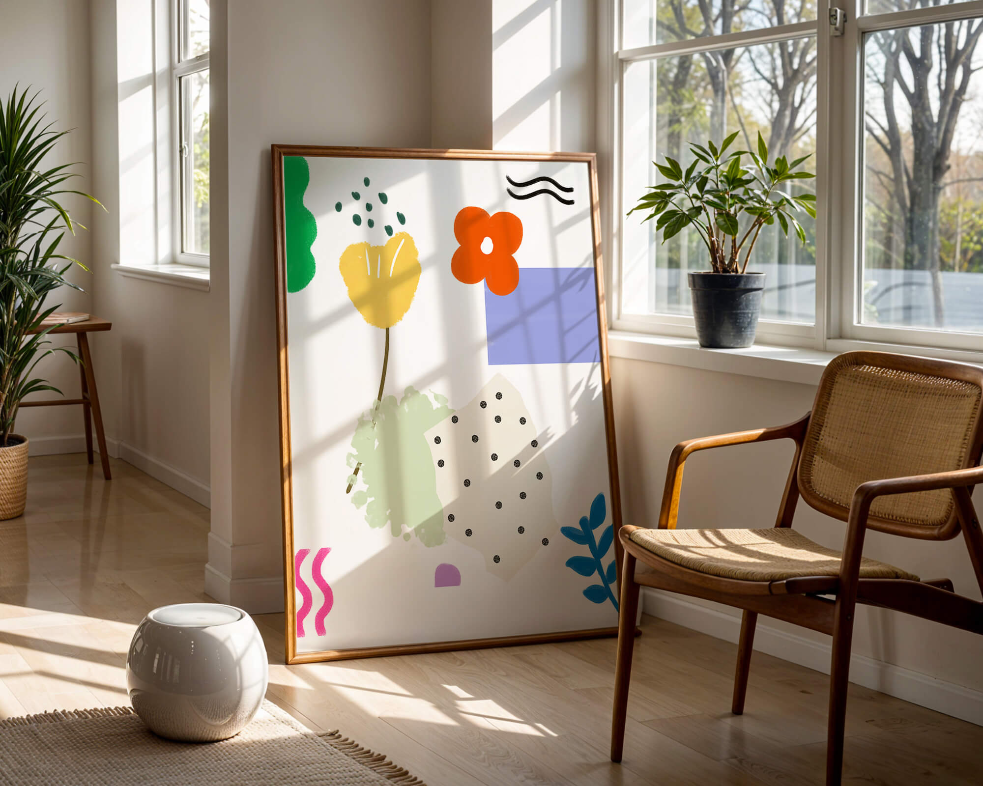 Abstract floral design with colorful geometric shapes