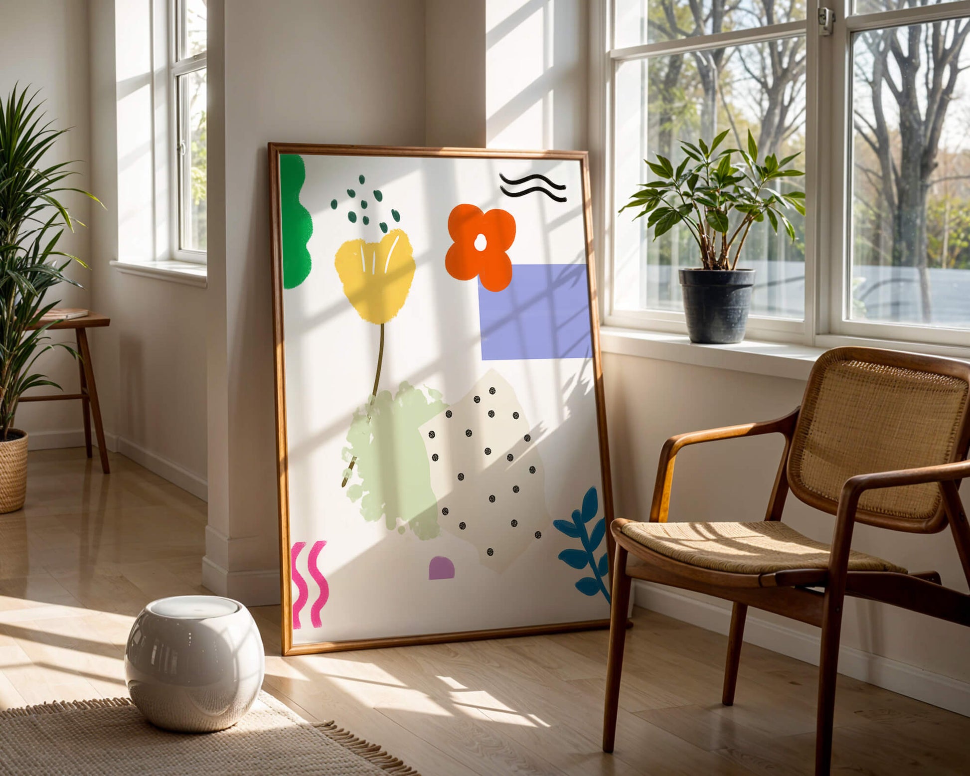 Abstract floral design with colorful geometric shapes