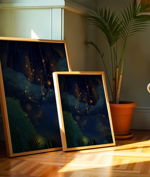Enchanted night forest with glowing fireflies and dense foliage