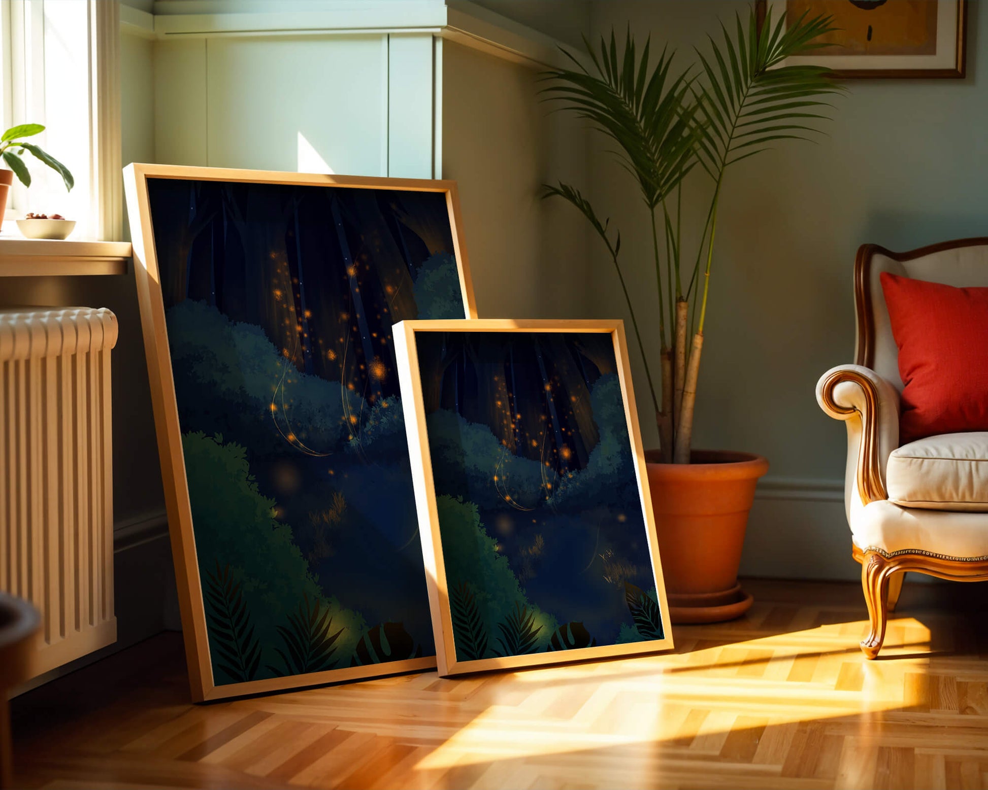 Enchanted night forest with glowing fireflies and dense foliage
