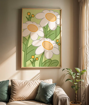 Charming illustrated daisies on a green background