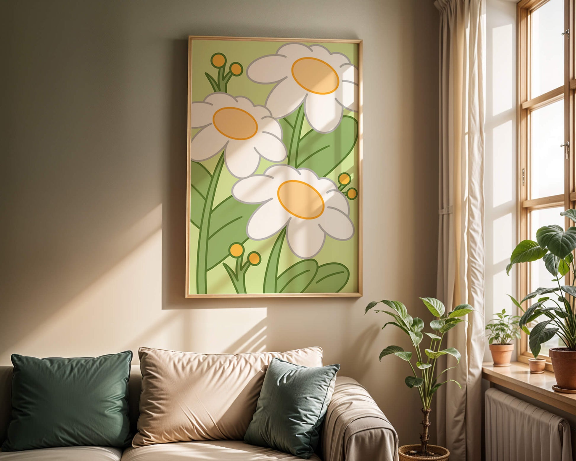 Charming illustrated daisies on a green background