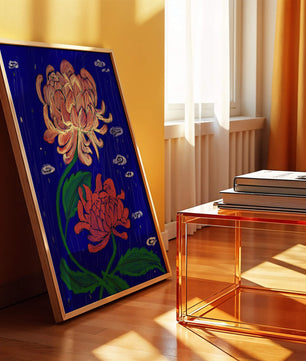 Colorful chrysanthemum illustration on dark blue background