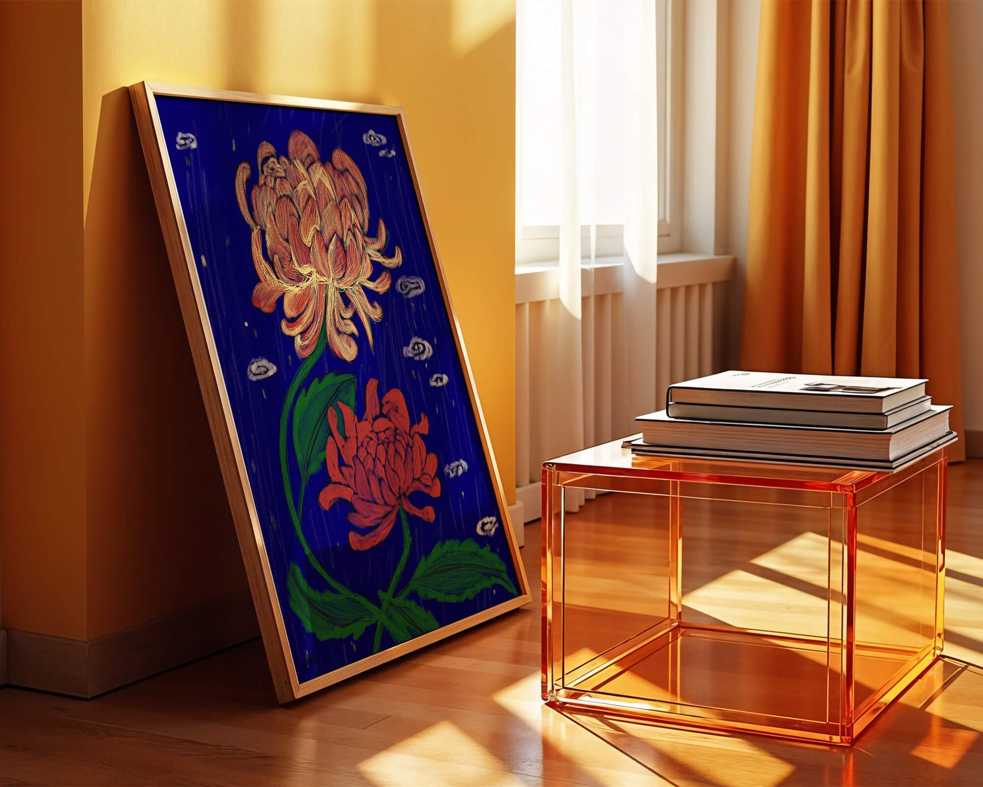 Colorful chrysanthemum illustration on dark blue background