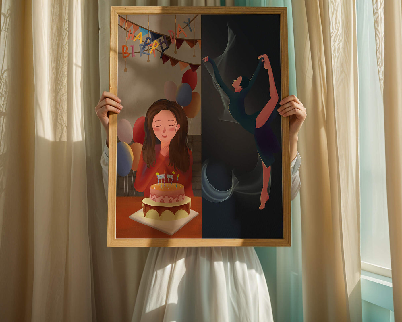Birthday celebration illustration with cake and dancing figure