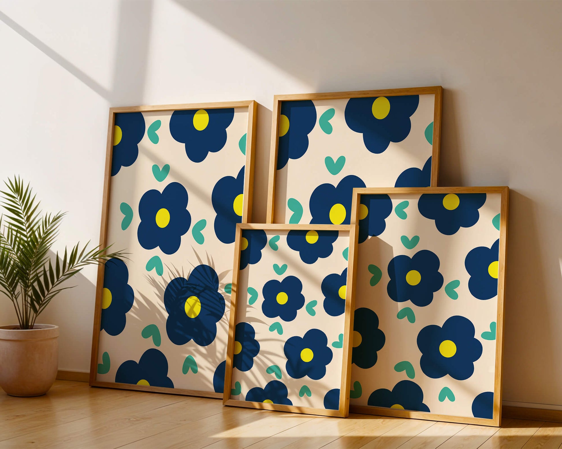 Blue floral pattern with yellow centers on cream background