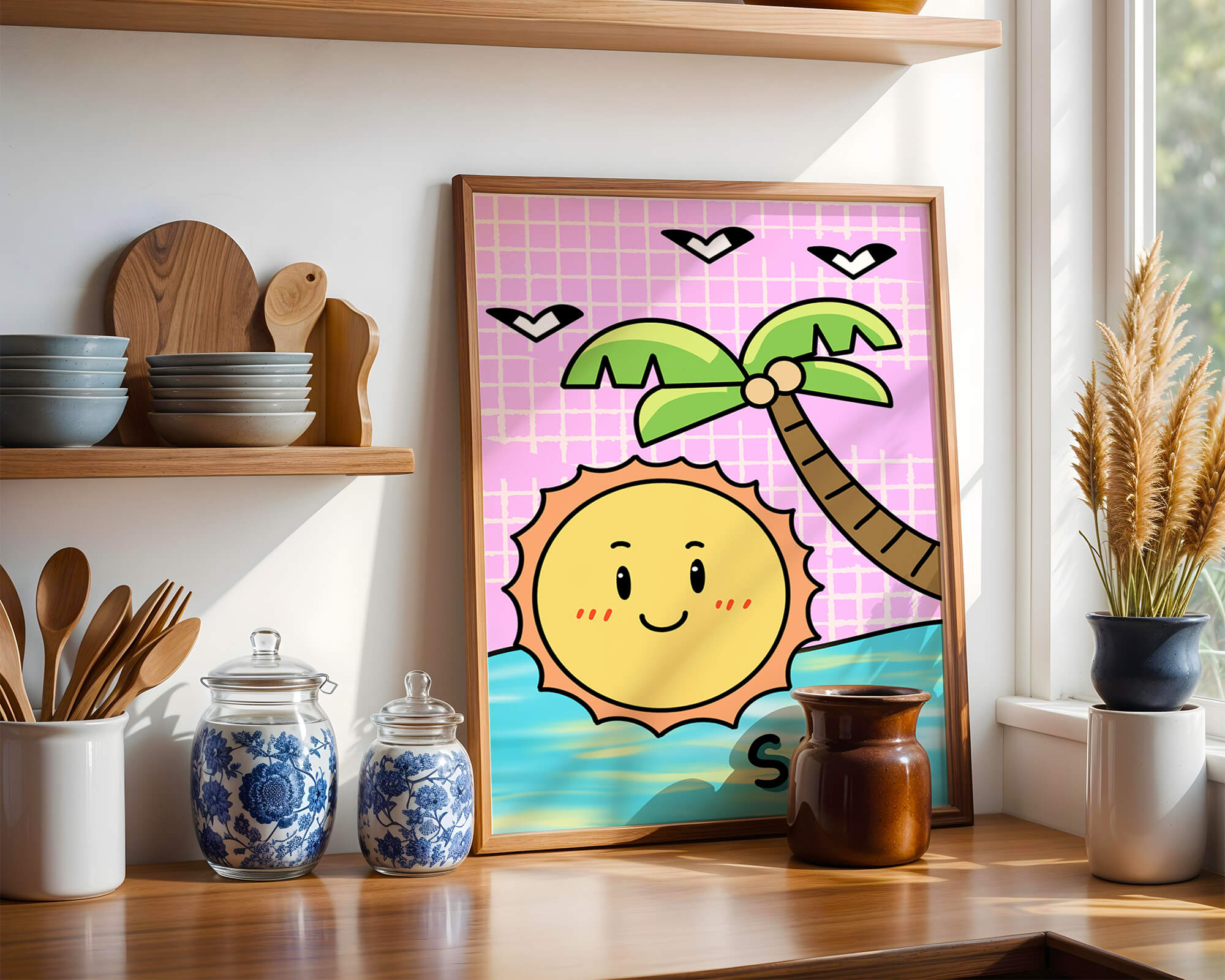 Cartoon sun with palm tree and ocean scene