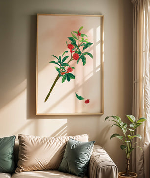 Ilustración detallada de una rama floreciente con flores rojas vivas y hojas verdes exuberantes