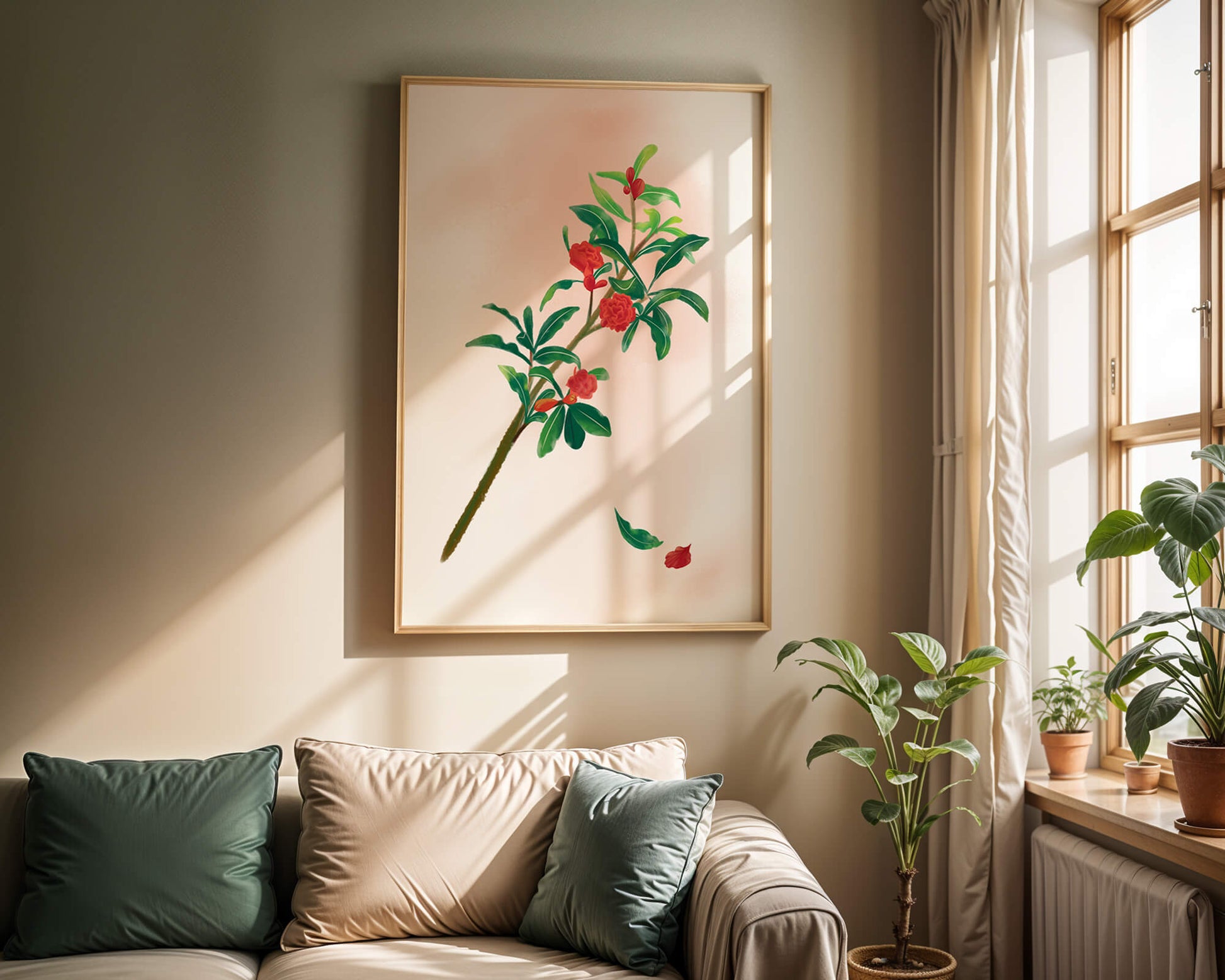 Detailed illustration of a flowering branch with vivid red blooms and lush green leaves