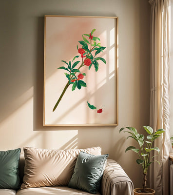 Detailed illustration of a flowering branch with vivid red blooms and lush green leaves