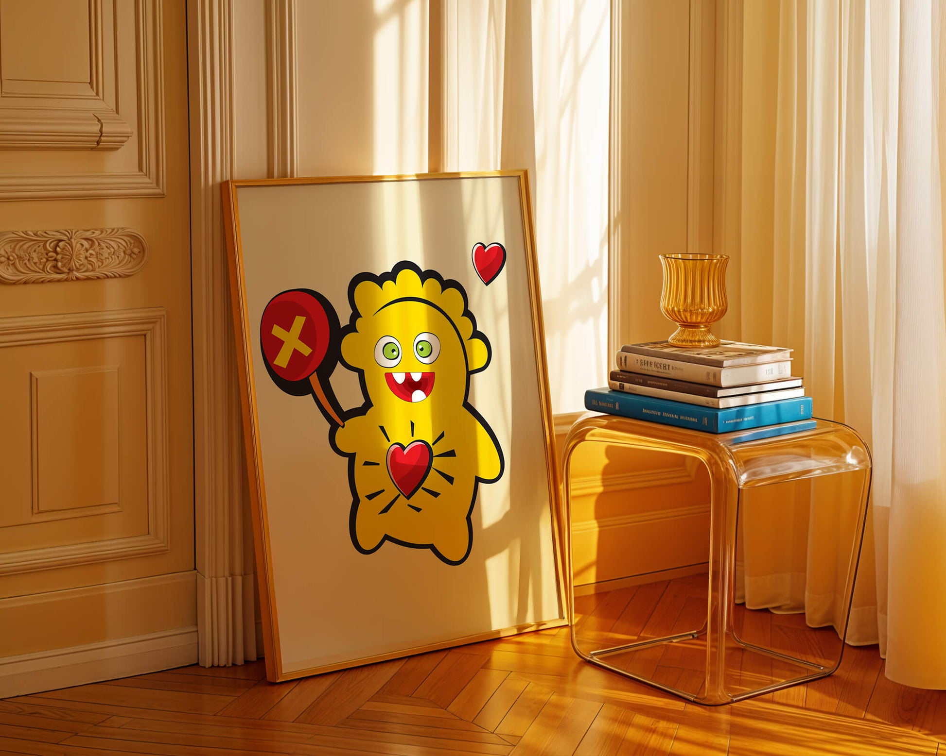 Colorful cartoon character with heart and playful design
