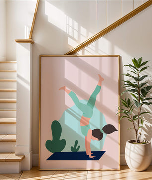 Ilustración de una mujer practicando la postura de parada de manos en yoga