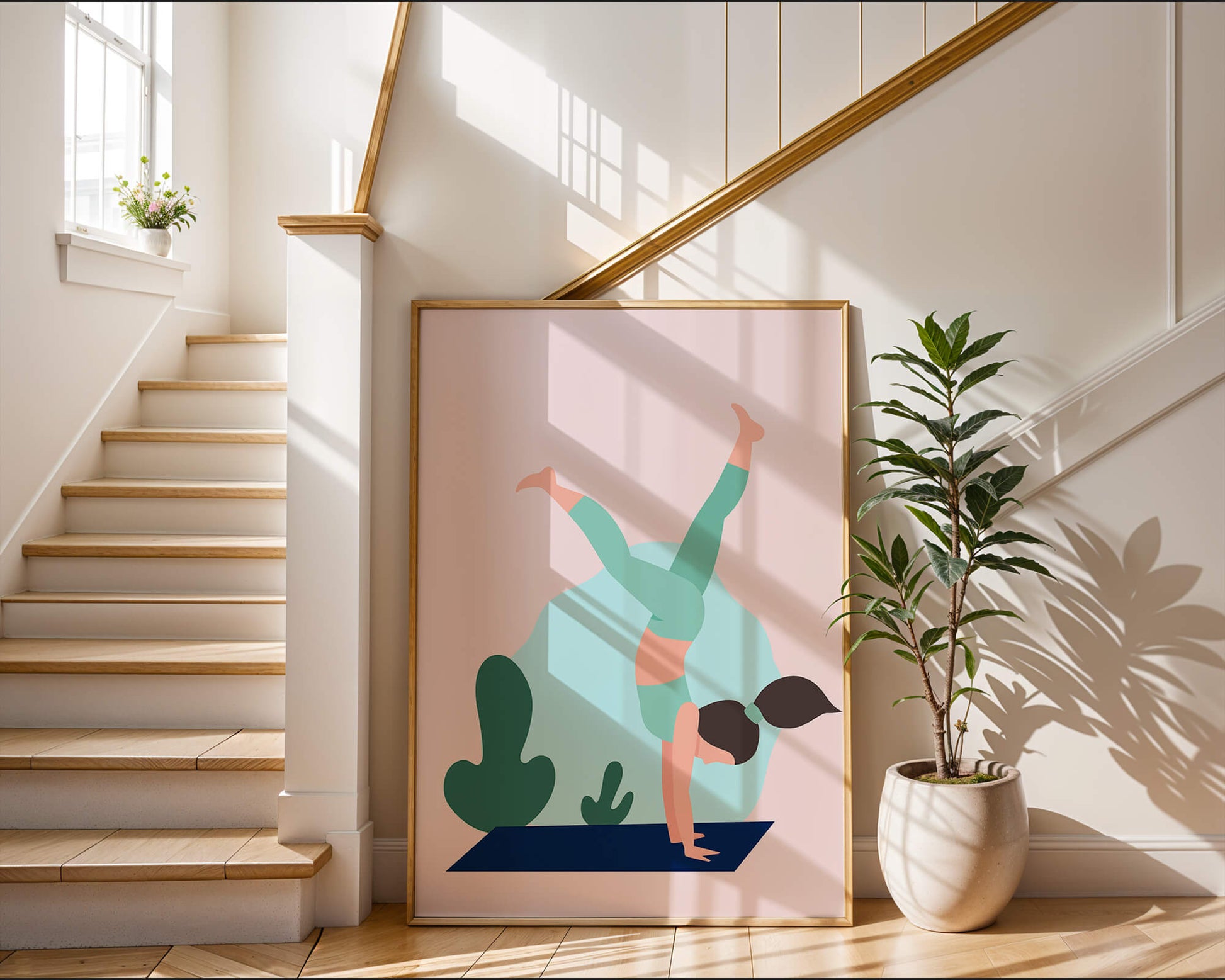 Illustration of a woman practicing yoga handstand pose