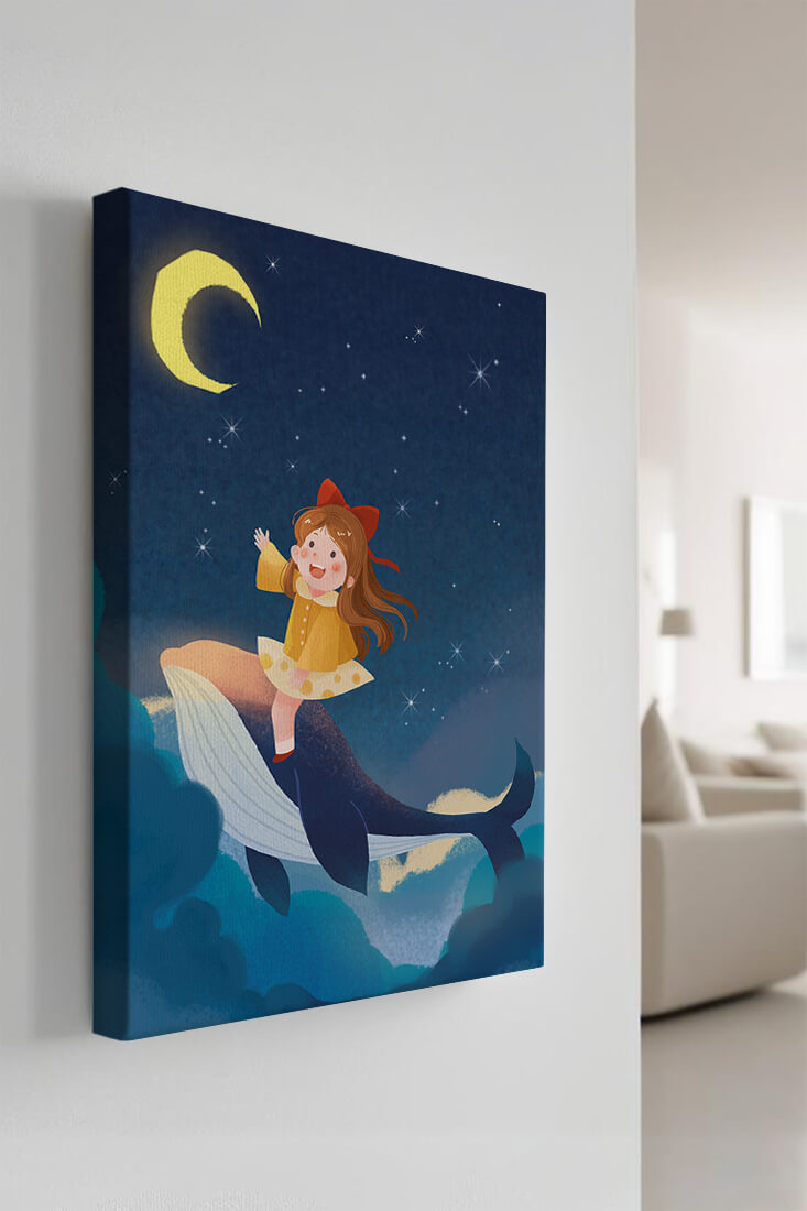 Girl on a whale under starry night sky
