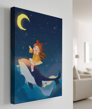 Girl on a whale under starry night sky