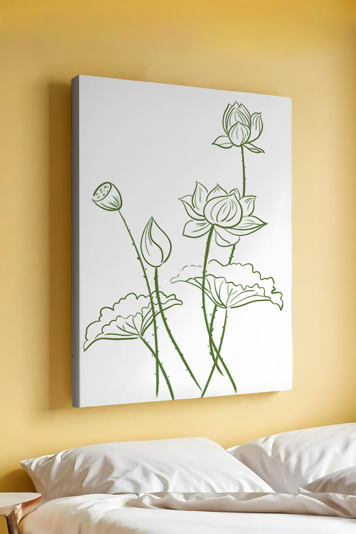 Ilustración de arte lineal verde de flores de loto con capullos