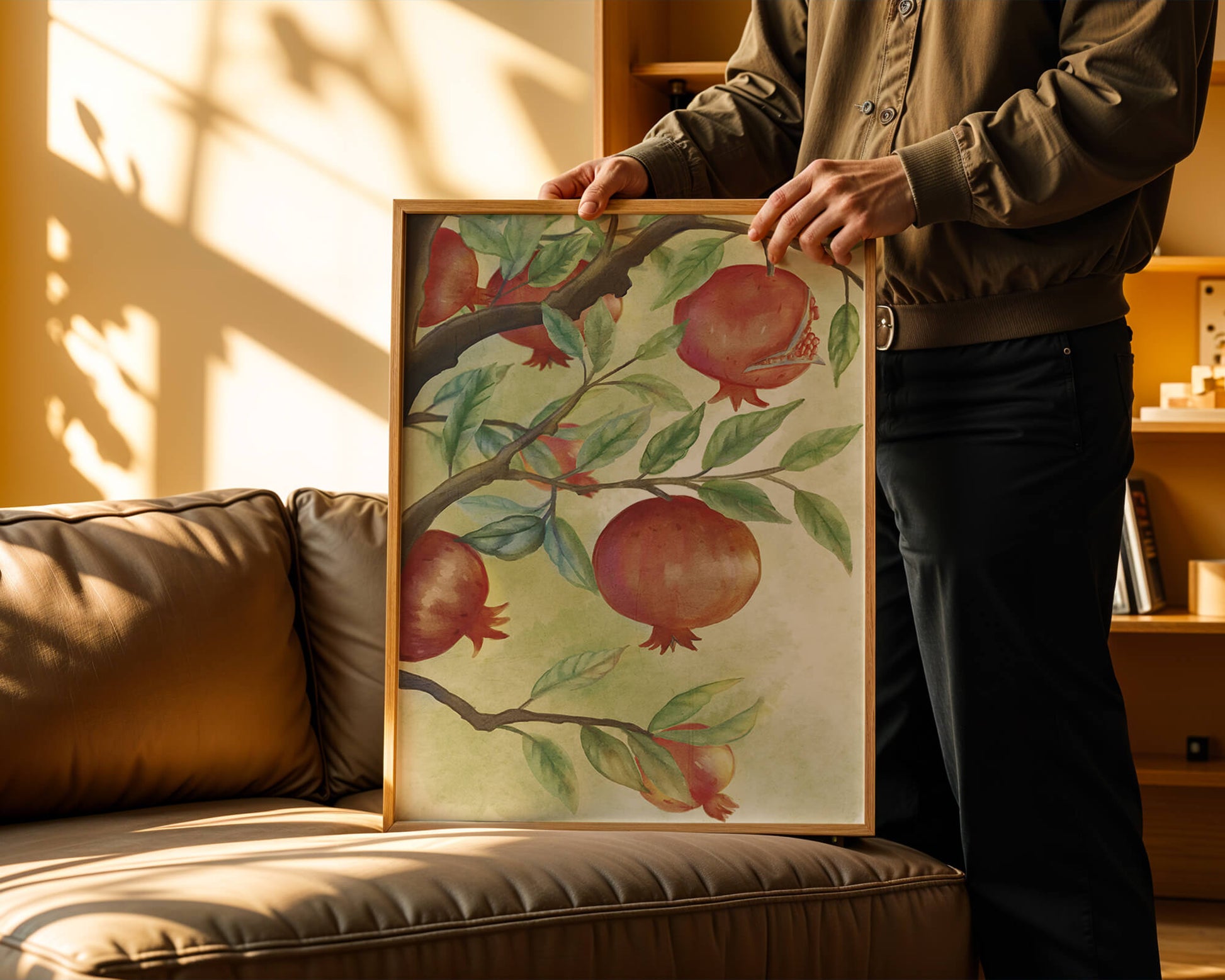 Watercolor illustration of pomegranates on a branch with leaves