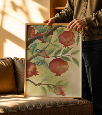 Watercolor illustration of pomegranates on a branch with leaves