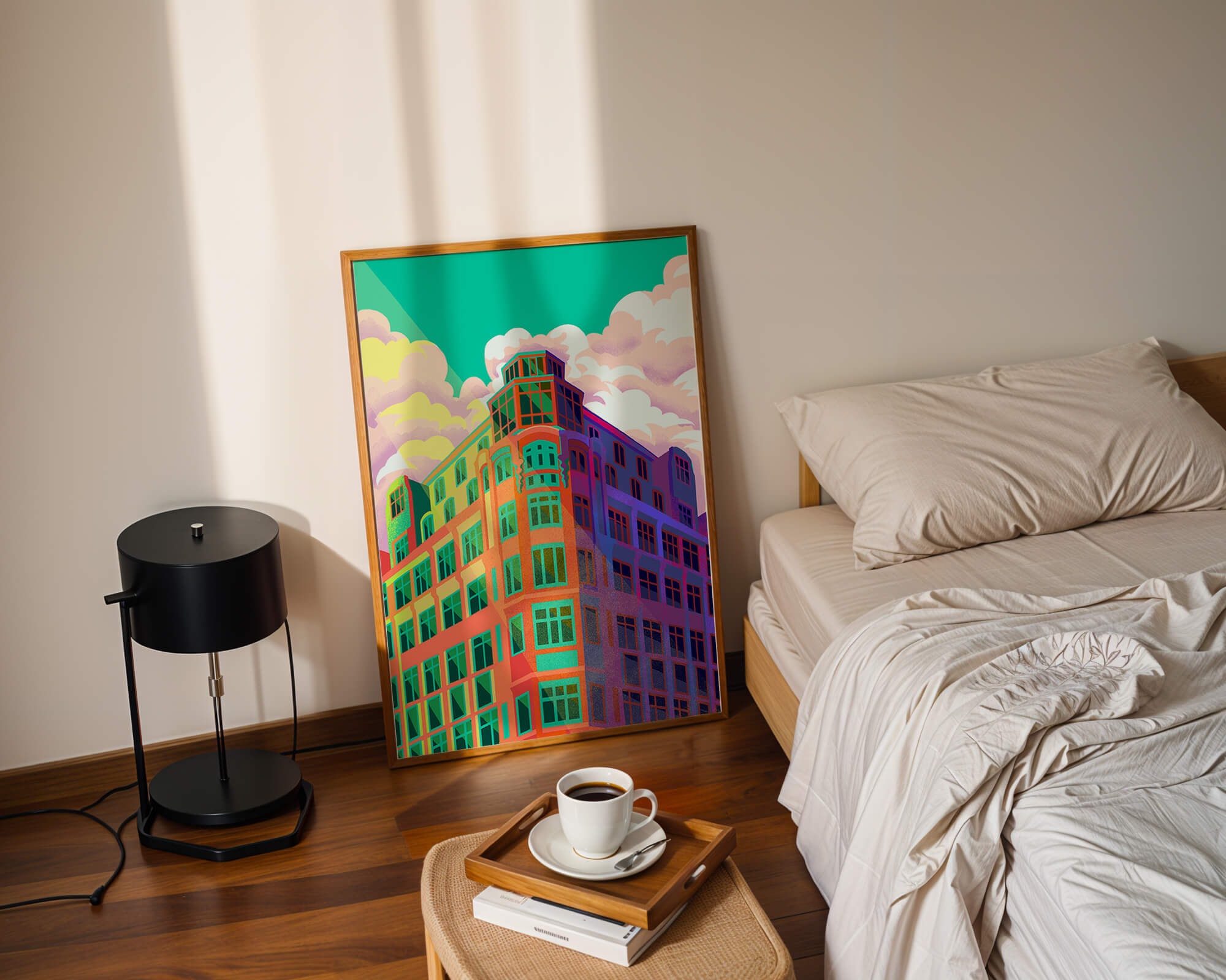 Colorful geometric building with vibrant sky