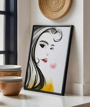 Dibujo de retrato elegante con labios rojos y motivo de corazón
